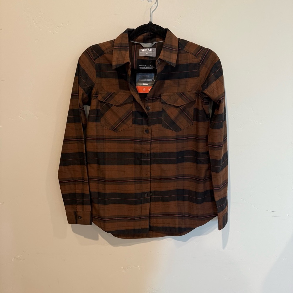 Simms Sunrise Tunic Mocha Plaid Flannel Shirt Womens Size XS NEW Outdoor Fishing